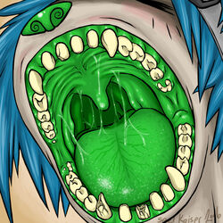  1:1 blue_hair bodily_fluids broken_teeth close-up fangs gaping_mouth ground-lion hair mouth_shot open_mouth palate saliva seel_dingo_(character) short_hair simple_background solo teeth tongue uvula 