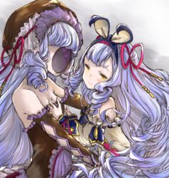  2girls babaa bad_id bad_pixiv_id drill_hair dual_persona faceless faceless_female granblue_fantasy hair_ribbon hand_on_breast multiple_girls oneiros_(granblue_fantasy) phoebe_(granblue_fantasy) purple_hair ribbon spoilers 