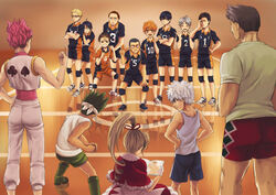  6+boys absurdres azumane_asahi biscuit_krueger black_hair blonde_hair blue_hair boots brown_eyes brown_hair closed_eyes club_(shape) commentary cowering crossed_arms crossover dress english_commentary facepalm facial_hair female fighting_stance glasses goatee gon_freecss green_hair grey_hair haikyuu!! hand_on_own_hip headband highres hinata_shouyou hisoka_morow hunter_x_hunter kageyama_tobio kai-yan karasuno_volleyball_uniform killua_zoldyck knee_pads middle_finger multicolored_hair multiple_boys nishinoya_yuu open_mouth orange_hair ponytail razor_(hunter_x_hunter) red_hair reflection sawamura_daichi scared short_hair shorts sitting smile spade_(shape) spiked_hair sportswear sugawara_koushi tanaka_ryuunosuke tank_top tsukishima_kei two-tone_hair volleyball_uniform white_hair yamaguchi_tadashi 