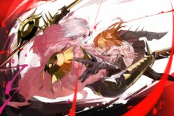  armor armored_boots bad_id bad_pixiv_id boots cape chaldea_uniform fate/apocrypha fate/grand_order fate_(series) female fujimaru_ritsuka_(female) fur_cape gauntlets karna_(fate) long_sleeves one_eye_closed open_mouth orange_hair polearm red_eyes short_hair side_ponytail skirt weapon white_hair ysk_(yusuke) 