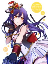  black_gloves blue_hair buttons cafe_maid_(love_live!) character_name collar commentary_request cowboy_shot dated earrings female gloves happy_birthday hat jewelry kamekoya_sato long_hair looking_at_viewer love_live! love_live!_school_idol_project microphone mini_hat mini_top_hat necktie orange_eyes sleeveless smile solo sonoda_umi thighhighs top_hat treble_clef white_thighhighs wrist_cuffs 