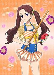  aikatsu! aikatsu!_(series) aikatsu!_photo_on_stage!! beamed_eighth_notes beamed_sixteenth_notes blue_eyes bow brown_hair eighth_note female floral_print flower food fruit fujiwara_miyabi_(aikatsu!) holding holding_food holding_fruit holding_watermelon jewelry long_hair musical_note necklace orange_background pearl_necklace sailor_bikini sailor_collar smile twintails watermelon yellow_bow 