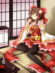  alcohol andon_(lighting) ascot black_pantyhose blush bow breasts brown_hair cherry_blossoms commentary_request cup detached_sleeves female flan_(zhd91) flower hair_flower hair_ornament hair_tubes hairbow hakurei_reimu highres indoors legs long_hair long_legs medium_breasts neck_ribbon pantyhose partial_commentary petals photoshop_(medium) red_bow red_eyes red_footwear red_skirt ribbon sakazuki sake skirt sliding_doors smile solo table tatami thighs tokkuri touhou yellow_ribbon 