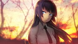  black_hair black_necktie blue_eyes blunt_bangs collared_shirt day expressionless female game_cg hime_cut long_hair mitsurugi_yoishi namaniku_atk necktie outdoors phenomeno photo_background shirt solo sunset tree upper_body white_shirt 