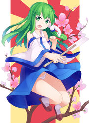  bare_shoulders clenched_hand commentary_request detached_sleeves female flower frog_hair_ornament gohei green_eyes green_hair hair_ornament hair_tubes highres kochiya_sanae long_hair mikan_(bananoha) open_mouth panties pantyshot skirt smile snake_hair_ornament solo touhou underwear white_panties 