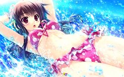  arms_behind_head arms_up bikini brown_hair female frilled_bikini frills front-tie_bikini_top front-tie_top game_cg highres kugayama_konoka long_hair navel open_mouth prism_recollection! red_eyes shintarou solo splashing swimsuit water 