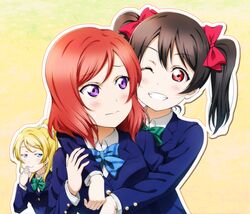  3girls anibache ayase_eli bibi_(love_live!) black_hair blazer blonde_hair blue_bow blue_bowtie blue_eyes blush bow bowtie commentary_request green_bow green_bowtie grin hairbow half-closed_eyes hand_to_own_mouth hug hug_from_behind jacket long_sleeves looking_at_another looking_at_viewer love_live! love_live!_school_idol_project multiple_girls nishikino_maki one_eye_closed otonokizaka_school_uniform outline parted_lips purple_eyes red_bow red_eyes red_hair school_uniform short_hair short_ponytail short_twintails smile smug striped_bow striped_bowtie striped_clothes sweatdrop teeth twintails white_outline winter_uniform yazawa_nico yuri 