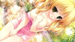  :o blonde_hair blush breasts cleavage dutch_angle female game_cg green_eyes large_breasts long_hair naked_towel prism_recollection! shintarou solo steam towel uisaki_hinano water 