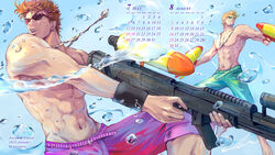  2boys blonde_hair brown_hair caesar_anthonio_zeppeli calendar_(medium) commentary_request highres jewelry jojo_no_kimyou_na_bouken joseph_joestar joseph_joestar_(young) male_focus male_swimwear multiple_boys necklace shishimaru_(polar_museum) sunglasses super_soaker swim_trunks topless_male 