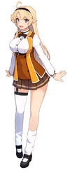  :d absurdres ahoge asymmetrical_legwear blonde_hair blue_eyes breasts female full_body garter_straps hairband highres kohagura_ellen large_breasts long_hair long_sleeves looking_at_viewer mary_janes official_art open_mouth osafune_girls_academy_school_uniform photoshop_(medium) pleated_skirt school_uniform shizuma_yoshinori shoes simple_background single_thighhigh skirt smile solo tachi-e thighhighs toji_no_miko underbust uneven_legwear white_background white_legwear wrists_extended 