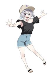  :d alternate_costume black_shirt blush brown_headwear chris_(konosuba) collarbone commentary contemporary denim denim_shorts female full_body grey_background grey_eyes grey_hair highres izawa_(bhive003) kono_subarashii_sekai_ni_shukufuku_wo! looking_at_viewer outstretched_arms sandals shirt shirt_tucked_in short_hair short_sleeves shorts simple_background smile solo teeth tongue upper_teeth_only 