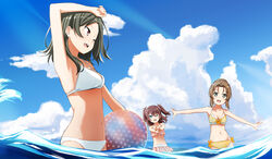  3girls :d ;d abe_kanari arm_up armpits bikini bikini_skirt blue_eyes blue_sky bow braid braided_bun breasts brown_eyes brown_hair cleavage cloud collarbone commentary_request day floating_hair green_eyes groin hair_between_eyes hair_bun hair_intakes hair_ornament hair_scrunchie heki_junko high_school_fleet highres long_hair medium_breasts multiple_girls navel ocean ogasawara_hikari one_eye_closed open_mouth outdoors outstretched_arms photoshop_(medium) pink_bikini pink_scrunchie scrunchie short_hair sideboob sky smile striped_bikini striped_clothes sunlight swimsuit takeda_michiru twintails wading white_bikini yellow_bikini yellow_bow 