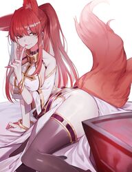  :q absurdres animal_ears arm_support bad_id bad_twitter_id bare_shoulders belt black_eyes black_thighhighs bracelet breasts character_request commentary cross cross_earrings dress earrings female finger_to_mouth fox_ears fox_girl fox_tail hair_between_eyes halter_dress halterneck highres index_finger_raised jewelry large_breasts long_hair looking_back loose_belt original orn red_hair side_slit sideboob sitting solo symbol-only_commentary tail thighhighs tongue tongue_out twintails very_long_hair white_dress yokozuwari 