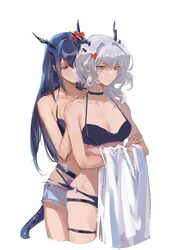  2girls arknights bikini black_bikini black_choker blue_hair breasts ch&#039;en_(arknights) ch&#039;en_the_holungday_(arknights) ch&#039;en_the_holungday_(elite_ii)_(arknights) choker commentary cropped_legs dragon_horns flower grey_hair hair_flower hair_ornament half-siblings horns long_hair medium_breasts multiple_girls official_alternate_costume red_eyes red_flower shenji_laurant short_hair siblings simple_background sisters standing swimsuit symbol-only_commentary talulah_(arknights) white_background yellow_eyes 