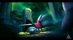  2others cape cracked_mask grass greenpath_vessel_(hollow_knight) highres hollow_knight hornet_(hollow_knight) impaled khaizer lance leaf letterboxed lying multiple_others nail_(hollow_knight) needle_(hollow_knight) no_humans polearm red_cape rock shell signature standing tree weapon 