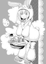  1boy :3 :d animal_costume animal_ears animal_hood animalization basket blush boots bow bowtie dale_lecky detached_sleeves easter_egg egg female greyscale highres holding holding_basket hood hota latina_(uchi_no_musume_no_tame_naraba) long_sleeves looking_at_viewer medium_hair monochrome open_mouth polka_dot polka_dot_bow puffy_long_sleeves puffy_sleeves rabbit_costume rabbit_ears rabbit_hood smile solo_focus standing uchi_no_musume_no_tame_naraba_ore_wa_moshikashitara_maou_mo_taoseru_kamo_shirenai. 