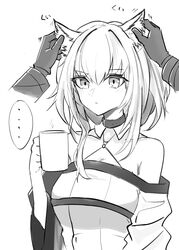  ... 1other animal_ear_fluff animal_ears arknights bare_shoulders blush breasts cat_ears cleavage closed_mouth coffee_mug collarbone commentary cup doctor_(arknights) ear_fondling expressionless female greyscale highres holding holding_cup kal&#039;tsit_(arknights) long_sleeves medium_breasts monochrome motion_lines mug shino_duka short_hair simple_background upper_body white_background wide_sleeves 