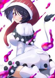  absurdres blue_hair breasts commentary_request doremy_sweet dream_soul dress female hat highres large_breasts nightcap polyhedron2 pom_pom_(clothes) purple_eyes short_hair simple_background solo tail tapir_tail touhou white_background 