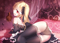  absurdres ahoge artist_name ass bad_anatomy bad_id bad_pixiv_id bare_shoulders bed bed_sheet bedroom black_dress black_panties black_thighhighs blonde_hair blush breasts cameltoe chinese_commentary commentary_request curtains detached_sleeves dress expressive_clothes female hair_between_eyes heart heart_ahoge heart_print highres indoors long_hair long_sleeves looking_at_viewer looking_back lying niliu_chahui on_bed on_side open_mouth original panties photoshop_(medium) profile qys3 red_eyes sidelocks signature solo thighhighs thighs tokisaki_asaba_(niliu_chahui) twintails two_side_up underwear very_long_hair 