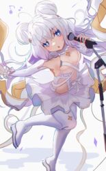  +_+ ahoge azur_lane blue_eyes blush breasts double_bun eighth_note female hair_bun highres holding holding_microphone le_malin_(azur_lane) le_malin_(muse)_(azur_lane) long_hair looking_at_viewer microphone musical_note official_alternate_costume open_mouth panipo pantyhose small_breasts solo tutu very_long_hair white_background white_footwear white_hair white_pantyhose wing_hair_ornament 