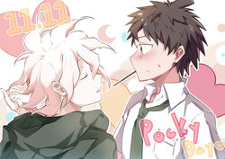  2boys absurdres ahoge blush brown_hair closed_eyes collared_shirt commentary danganronpa_(series) danganronpa_2:_goodbye_despair dated food from_side green_eyes green_hoodie green_necktie hand_up heart highres hinata_hajime hood hoodie imminent_kiss komaeda_nagito looking_at_another male_focus messy_hair midou_(grk12138) multiple_boys necktie pocky pocky_day shirt short_hair short_sleeves sweatdrop upper_body white_shirt 