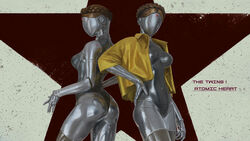  2girls absurdres ass atomic_heart ballerina braid breasts brown_hair clothed_robot copyright_name crown_braid english_commentary english_text faceless faceless_female gold_jacket hand_on_own_hip highres humanoid_robot jacket joints left_(atomic_heart) leotard metal_skin mixed-language_commentary multiple_girls no_humans open_clothes open_jacket red_star right_(atomic_heart) robot robot_girl soviet star_(symbol) thong_leotard xianggang_jizhe 