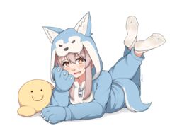  animal_ear_fluff animal_hands animal_hood artist_logo artist_name blue_gloves blue_pajamas blush brown_eyes brown_hair commentary crossed_legs english_commentary eyelashes feet feet_up female full_body gloves hair_between_eyes hand_up hood long_hair lululewd lying mixed-language_commentary no-show_socks no_shoes on_stomach onii-chan_wa_oshimai! open_mouth oyama_mahiro paid_reward_available pajamas paw_gloves sidelocks simple_background socks soles solo stuffed_toy tail the_pose toes wavy_hair white_background white_socks wolf_hood wolf_tail 