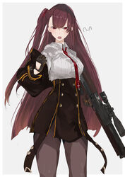  black_gloves black_jacket breasts bullpup collared_shirt commentary_request cropped_jacket female girls&#039;_frontline gloves grey_background gun high-waist_skirt highres holding holding_gun holding_weapon jacket jacket_on_shoulders long_hair long_sleeves looking_at_viewer loose_necktie necktie one_side_up open_clothes open_mouth pantyhose purple_eyes purple_hair rifle shirt signature skirt sniper_rifle solo sutekina_awa wa2000_(girls&#039;_frontline) walther walther_wa_2000 weapon white_shirt wing_collar 