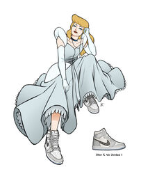  absurdres air_jordan air_jordan_1 apoloniodraws blonde_hair blue_eyes choker cinderella cinderella_(disney) closed_mouth commentary dress earphones english_commentary female full_body gown hair_down hand_up headphones highres lipstick long_hair makeup red_lips shoes simple_background sneakers solo white_background white_footwear 