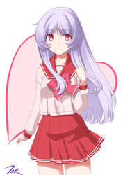  bow bowtie closed_mouth collarbone commentary_request cowboy_shot dress grey_hair heart highres himekawa_kotone long_hair long_sleeves looking_at_viewer pink_shirt pleated_dress pleated_skirt red_bow red_bowtie red_eyes red_sailor_collar red_skirt sailor_collar sailor_shirt school_uniform serafuku shirt simple_background skirt smile standing t2r to_heart to_heart_(series) white_background 