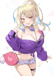  :3 :d ahoge bag banned_artist bare_shoulders blonde_hair blue_nails breasts choker cleavage collarbone colored_inner_hair cowboy_shot crop_top cutoffs female hair_ornament hairclip hand_up heart highres icomochi large_breasts long_hair long_sleeves looking_at_viewer micro_shorts midriff multicolored_hair nail_polish navel off-shoulder_shirt off_shoulder open_fly open_mouth ponytail puffy_sleeves purple_shirt red_eyes shirt short_shorts shorts shoulder_bag sidelocks simple_background smile solo standing stomach streaked_hair sumirezaki_rin thigh_strap thighs v virtual_youtuber voice-ore white_background white_shorts x_hair_ornament 