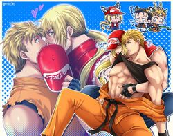  3boys ? abs animal_ear_fluff animal_ears bara baseball_cap belt black_belt black_gloves blonde_hair blue_eyes chibi chibi_inset commentary_request dougi dragon_ears dragon_horns dragon_tail english_text fingerless_gloves gloves groping hat heart highres horns jacket kemonomimi_mode kissing large_pectorals long_hair looking_at_another male_focus miru_(mill_36) multiple_boys muscular muscular_male navel nipples pectorals ponytail red_hat red_jacket robert_garcia ryou_sakazaki ryuuko_no_ken short_hair sleeveless sleeveless_jacket tail terry_bogard the_king_of_fighters tiger_ears translation_request twitter_username wolf_ears yaoi 