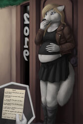  2019 anthro belly bloated blonde_hair boots bottomwear canid canine canis close_to_bursting clothing difetra door doorway female footwear fur hair hand_on_belly hand_on_mouth hi_res ill jacket kate_(thechallengeclub) leather leather_clothing leather_jacket leather_topwear list mammal nausea navel new_year_2019 pleated_skirt skirt solo stuffing topwear white_body white_fur wolf worried 