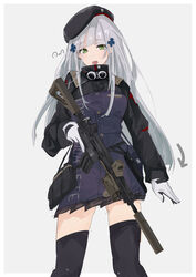  assault_rifle beret black_thighhighs commentary_request female girls&#039;_frontline gloves green_eyes grey_background grey_hair gun h&amp;k_hk416 hat highres hk416_(girls&#039;_frontline) long_hair looking_at_viewer military military_hat military_operator military_uniform open_mouth rifle shirt signature solo sutekina_awa thighhighs uniform weapon white_gloves 