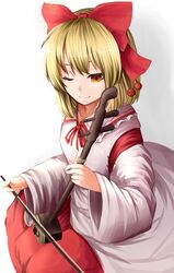  bad_id bad_twitter_id blonde_hair bow breasts closed_mouth collared_shirt commentary_request detached_sleeves erhu female frilled_shirt_collar frills hairbow happy highres instrument japanese_clothes kamiya_ueshi long_skirt long_sleeves medium_breasts miko music one_eye_closed playing_instrument red_bow red_ribbon red_skirt ribbon satsuki_rin shirt simple_background skirt smile touhou white_background white_shirt white_sleeves wide_sleeves yellow_eyes 