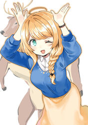  ;d ahoge blonde_hair blue_sweater braid breasts claire_cruller claire_eikaiwa collared_shirt female green_eyes hair_over_shoulder hands_up highres hota large_breasts long_skirt long_sleeves looking_at_viewer one_eye_closed open_mouth rabbit_pose reindeer shirt single_braid skirt smile standing sweater virtual_youtuber watch white_shirt wing_collar wristwatch yellow_skirt 