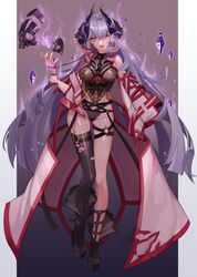  absurdres ahoge ass_visible_through_thighs aura bad_id bad_pixiv_id between_breasts black_footwear black_panties black_thighhighs boots breasts coat corset crack dark_aura demon_horns detached_sleeves eyes_visible_through_hair female floating floating_object full_body gem gold grey_hair hair_between_eyes highres horns large_breasts long_hair long_sleeves looking_at_viewer magic magic_circle map mask o-ring o-ring_top original orn panties pink_eyes platform_footwear revealing_clothes scales single_horn single_thighhigh skindentation slit_pupils solo standing thigh_strap thighhighs underwear unworn_mask very_long_hair white_coat wide_sleeves 