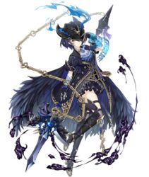  adjusting_clothes adjusting_headwear alice_(sinoalice) ascot blue_hair boots brooch cape chain_whip coat dark_blue_hair feathers female frills full_body gloves gold_trim hat hat_over_one_eye jewelry ji_no looking_at_viewer official_art pocket_watch polearm red_eyes short_hair sinoalice smoke solo spear tattoo thigh_boots thighhighs transparent_background tricorne watch weapon 