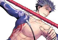  1boy bare_pectorals blue_hair collarbone crescent crescent_necklace cu_chulainn_(fate) cu_chulainn_(fate/stay_night) cu_chulainn_(second_ascension)_(fate) earrings fate/grand_order fate_(series) gae_bolg_(fate) igote jewelry kassan_(kassan_5a) large_pectorals looking_away male_focus muscular muscular_male necklace official_alternate_costume pectorals polearm red_eyes sidepec simple_background solo spear upper_body weapon white_background 