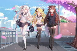  3girls :o absurdres ahoge arms_behind_back bad_id bad_pixiv_id bag bangle black_footwear black_jacket black_ribbon black_sailor_collar black_skirt black_thighhighs blazer blonde_hair blue_sky blurry blurry_foreground blush bow bowtie bracelet breasts brown_eyes brown_hair building buttons cherry_blossoms chinese_commentary cityscape closed_mouth cloud cloudy_sky collarbone collared_shirt commentary_request day depth_of_field duffel_bag groin hair_between_eyes hair_ornament hair_ribbon hairclip heart heart_ahoge highres holding holding_bag house jacket jewelry lamppost large_breasts leg_up light_particles loafers long_hair looking_at_another medium_breasts midriff miniskirt multiple_girls navel niliu_chahui one_eye_closed open_mouth original outdoors path pleated_skirt qys3 red_bow red_bowtie red_eyes ribbon road sailor_collar school_bag school_uniform serafuku shadow shirt shoes short_sleeves siblings sidelocks signature sisters skirt sky skyline smile stomach thighhighs tokisaki_asaba_(niliu_chahui) tokisaki_mio_(niliu_chahui) tree two_side_up undershirt v-shaped_eyebrows very_long_hair walking white_hair white_shirt white_thighhighs wing_collar wristband x_hair_ornament zettai_ryouiki 