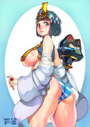  =_= ancient_princess_menace artist_name ass bare_shoulders black_hair blue_background blue_border blue_eyes blue_gemstone blue_panties blunt_bangs blush bob_cut border breasts cameltoe closed_mouth commentary_request cowboy_shot crop_top crown dated detached_sleeves egyptian egyptian_clothes f.s. female fingernails from_side gem gold_trim gradient_background gradient_border grin halterneck headdress highres holding holding_scepter jewelry large_breasts long_fingernails looking_at_viewer looking_back menace_(queen&#039;s_blade) mixed-language_commentary nail_polish official_art outside_border paid_reward_available panties pink_lips purple_gemstone purple_nails queen&#039;s_blade revealing_clothes ring scepter setra shiny_skin short_hair sideboob simple_background smile solo standing striped_clothes striped_panties thick_thighs thighs turtleneck underboob underwear uraeus white_background white_panties white_sleeves wide_sleeves 