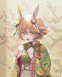  +_+ 21_(nijuichinichi) :d animal_ears brown_eyes clenched_hands commentary daruma_doll ema female floral_background floral_print flower hair_flower hair_ornament horse_ears horse_girl japanese_clothes kimono looking_at_viewer matikanefukukitaru_(chance_encounters_can_be_a_blessing)_(umamusume) matikanefukukitaru_(umamusume) official_alternate_costume orange_hair short_hair smile solo umamusume upper_body 