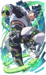  1boy armor ass bara black_bodysuit blue_eyes blue_hair bodysuit breastplate bulge cuffs dark_blue_hair dynamic_pose facial_hair fingerless_gloves fishnet_legwear fishnets forehead_protector forked_eyebrows full_body gammei_(live_a_hero) gloves glowing grin hair_strand handcuffs leg_up live_a_hero looking_at_viewer male_focus mature_male muscular muscular_male official_art oversized_object short_hair shukou_akanaru_(trabel) skin_tight smile solo stubble superhero_costume thick_thighs thighs tied_hair transparent_background undercut 