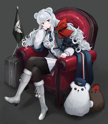  absurdres animalization arknights armchair belt black_pantyhose blue_eyes blue_hair blue_jacket blue_necktie boots bow breasts cameo chair character_doll commentary crossed_legs curly_hair elbow_rest female fur_trim grey_background hat head_rest heterochromia highres jacket knee_boots long_hair looking_at_viewer military military_uniform multicolored_hair multiple_belts necktie non09_24 pantyhose pink_hair pleated_skirt red_bow red_eyes rosa_(arknights) shadow simple_background sitting skirt solo streaked_hair stuffed_animal stuffed_polar_bear stuffed_toy uniform unworn_hat unworn_headwear wavy_hair white_footwear white_hair white_jacket white_skirt zima_(arknights) 