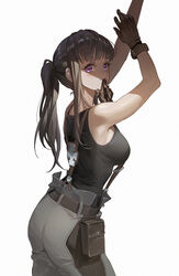  arms_up black_shirt breasts brown_gloves brown_hair cowboy_shot en&#039;en_no_shouboutai female gloves grey_pants highres long_hair maki_oze medium_breasts mouth_hold pants parted_lips ponytail purple_eyes shirt sidelocks simple_background sleeveless sleeveless_shirt solo sports_bra standing suspenders ttk_(kirinottk) vest white_background 