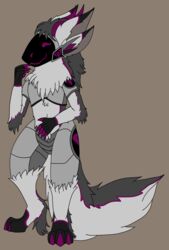  absurd_res anthro armor breastplate chest_tuft claws crotchplate cybernetics female fluffy fur fur_markings grey_body grey_fur hi_res horn hunamarts machine mammal markings multi_ear protogen protogen_visor shizuka(protogen) solo tail tuft visor white_body white_fur 