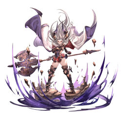  armor ass_visible_through_thighs axe bad_id bad_pixiv_id boots breasts cape closed_mouth commentary_request draph elbow_gloves female full_body fur_trim globe gloves granblue_fantasy greaves grey_hair hair_between_eyes high_heel_boots high_heels highres holding holding_axe holding_weapon horns large_breasts long_hair looking_at_viewer red_eyes red_skirt rock simple_background skirt solo thigh_boots thighhighs threo_(granblue_fantasy) very_long_hair weapon white_background wind wind_lift yu_pian 