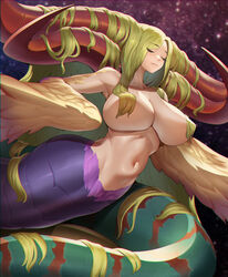  absurdly_long_hair armpits bad_id bad_pixiv_id bare_shoulders blonde_hair breasts breath_of_fire breath_of_fire_iii closed_eyes closed_mouth collarbone commentary covered_nipples curled_horns english_commentary engrish_commentary feathered_wings female groin hair_flowing_over hair_on_horn hair_over_breasts horns huge_breasts lamia long_hair monster_girl multiple_horns myria navel niur nude paid_reward_available parted_bangs perky_breasts sidelocks sky solo star_(sky) starry_sky stomach very_long_hair winged_arms wings 