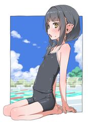  akari_(raigou) arm_support bare_shoulders barefoot black_camisole black_hair black_shorts blue_sky blunt_bangs blush border camisole cloud commentary_request female flat_chest full_body long_hair looking_to_the_side open_mouth original outdoors outside_border pointy_ears ponytail pool raigou seiza short_shorts shorts sitting sky solo sweatdrop white_border yellow_eyes 