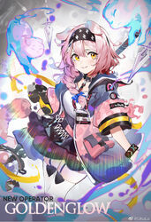  animal_ears arknights black_collar black_hairband black_skirt black_wristband blue_bow blue_jacket blush bow braid cat_ears character_name collar commentary_request feline female floppy_ears garter_straps goldenglow_(arknights) hairband hairbow highres id_card infection_monitor_(arknights) jacket lightning_bolt_print long_hair looking_at_viewer multicolored_clothes multicolored_jacket open_clothes open_jacket pink_hair pink_jacket scissors scottish_fold shirt skirt smile solo thighhighs two-tone_jacket ukulu wavy_mouth weibo_logo weibo_watermark white_shirt white_thighhighs yellow_eyes 